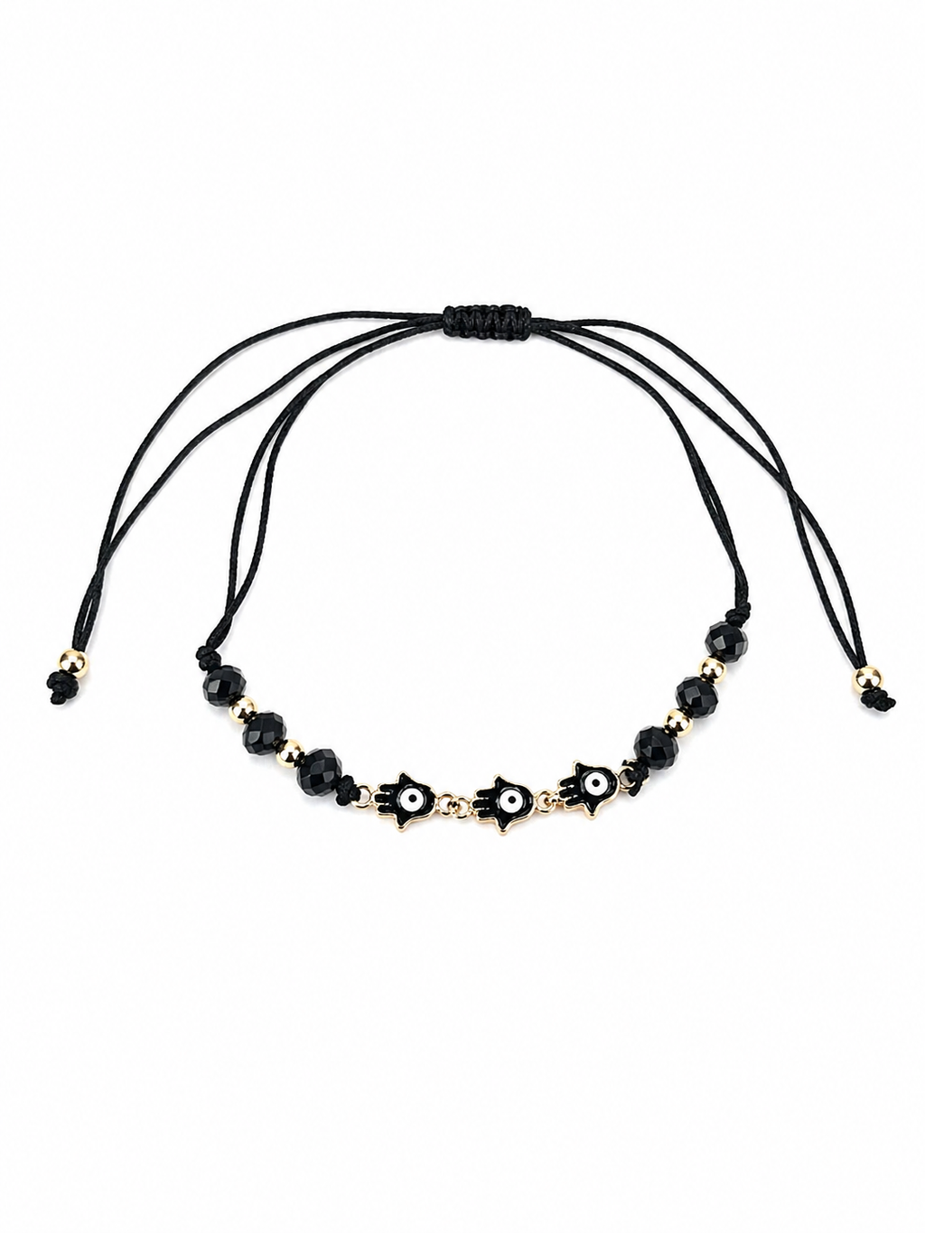 Black cord necklace with black beads and gold accents on a white background