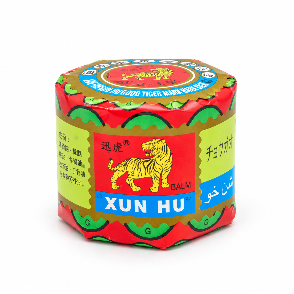 Xun Hu God Tiger Balm 18.4g traditional Chinese camphor and menthol ointment in colorful red, green and gold packaging.