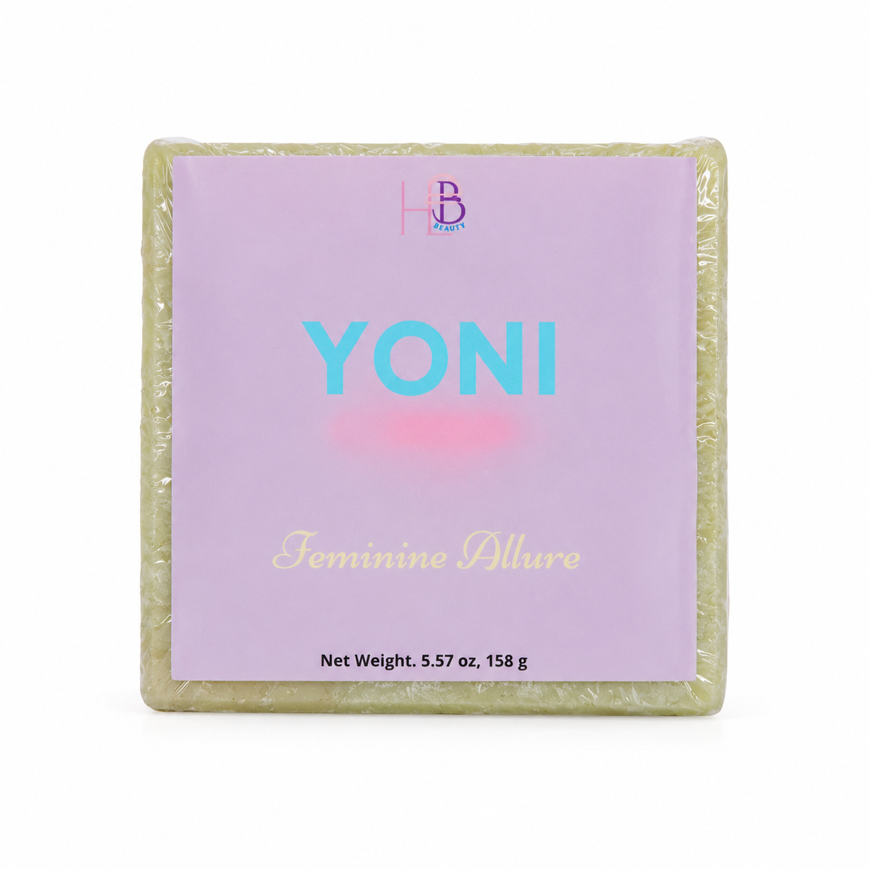A square wrapped bar of soap with a lavender label reading 'YONI' and 'Feminine Allure,' photographed on a plain white background.