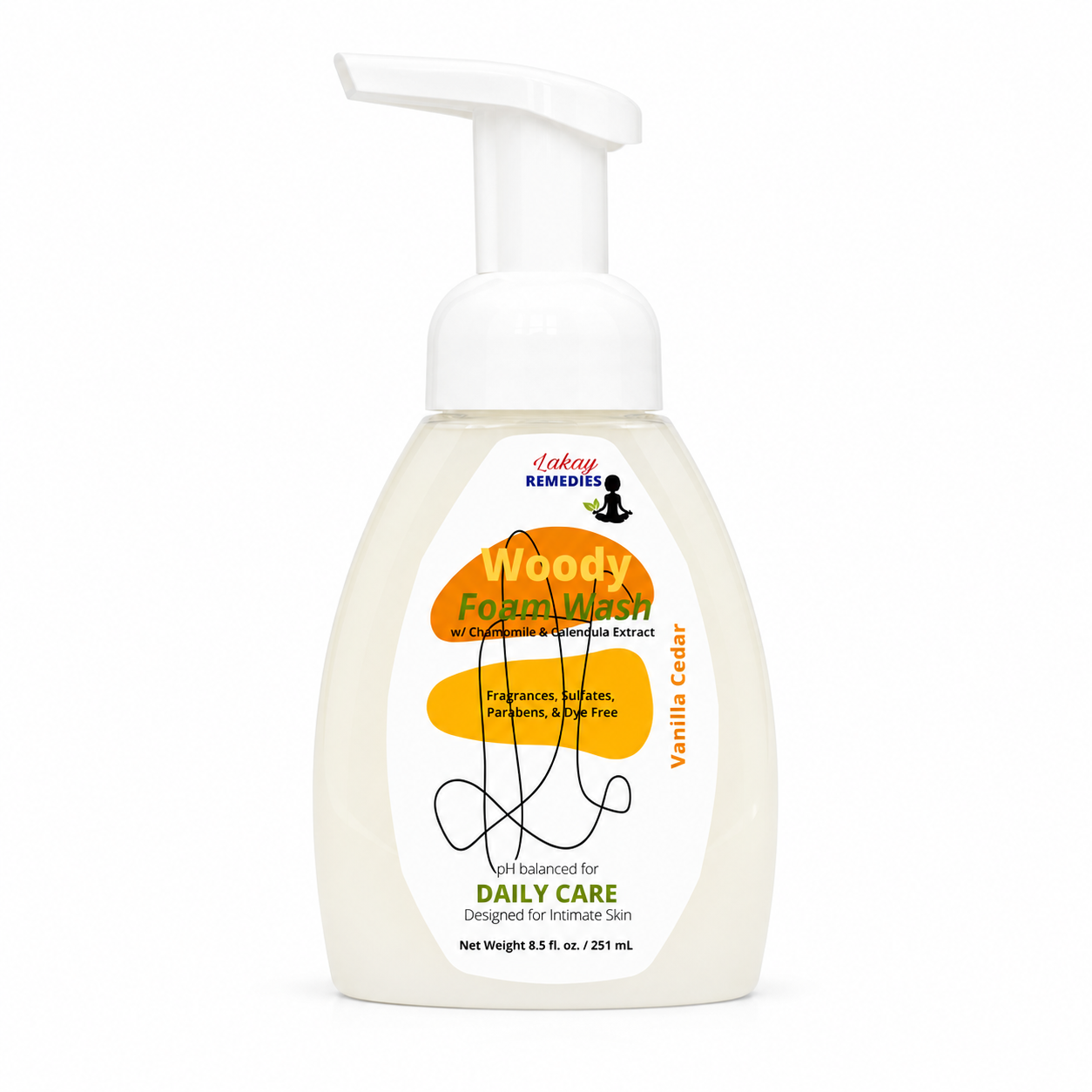 A bottle of Soapy Remedies Woody Foam Wash in Vanilla Cedar scent, featuring a white pump dispenser and a label with orange and green graphics on a white background.