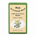 A rectangular bar of Rue Glycerine Soap by Murray & Lanman, featuring a green border and a cream-colored front label with black text and a yellow flower illustration.