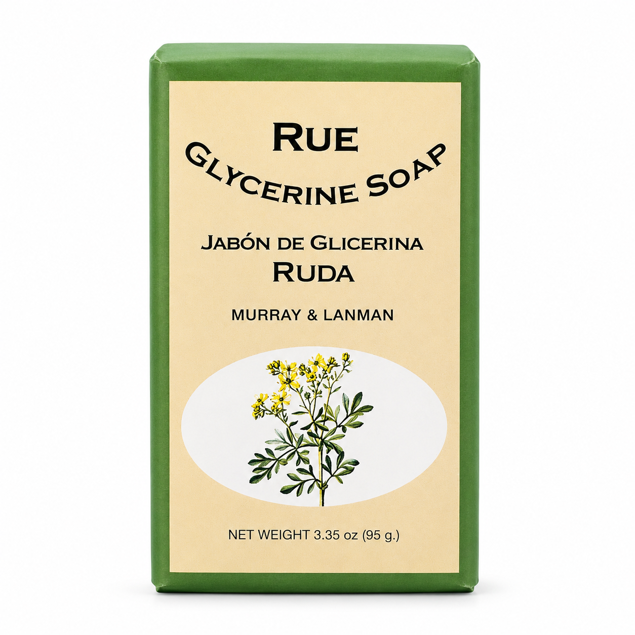 A rectangular bar of Rue Glycerine Soap by Murray & Lanman, featuring a green border and a cream-colored front label with black text and a yellow flower illustration.