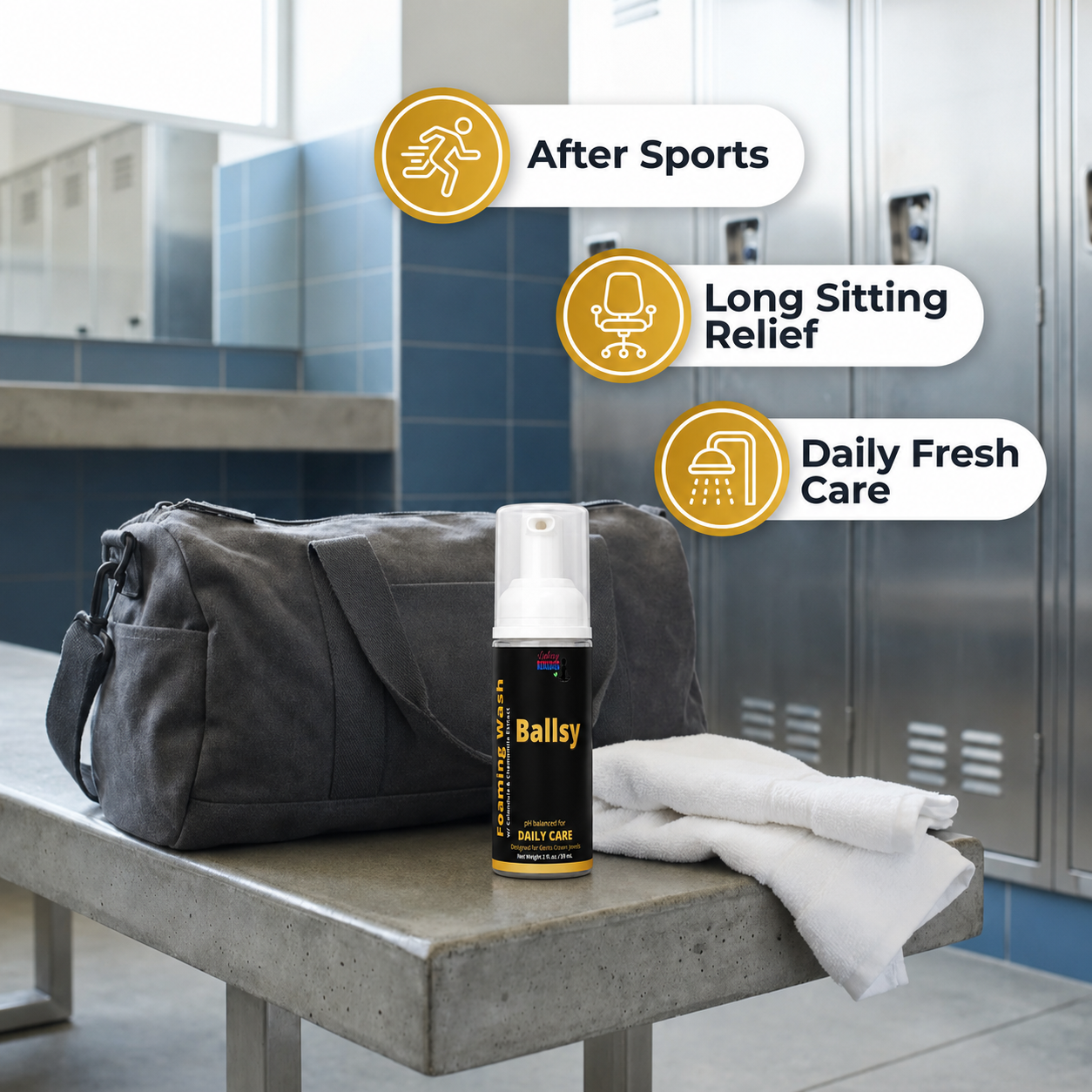 A bottle of Ballsy  Intimate Wash Cleanser Daily Fresh Care  is displayed on a concrete bench next to a dark gray duffel bag and a white towel, with three graphic callouts highlighting its use for after sports, long sitting relief, and daily fresh care.