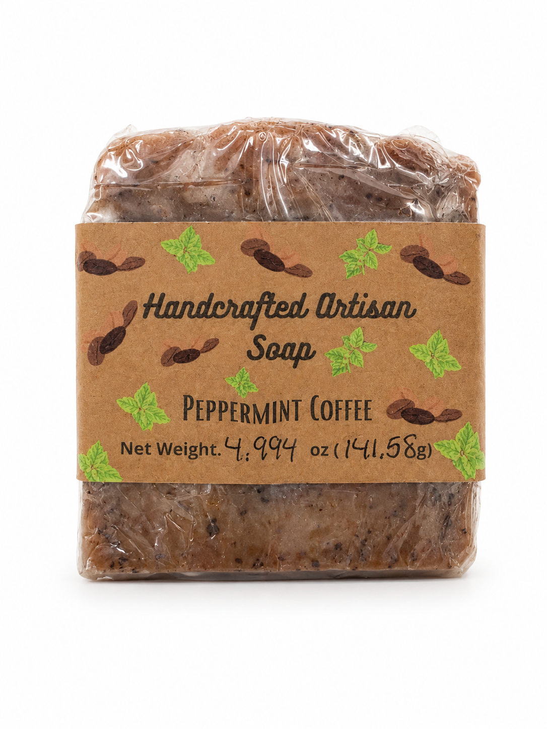 A packaged bar of handmade artisan soap labeled 'Peppermint Coffee' on a plain white background. The soap is wrapped in clear plastic with a brown kraft paper label featuring green leaf illustrations and black text.