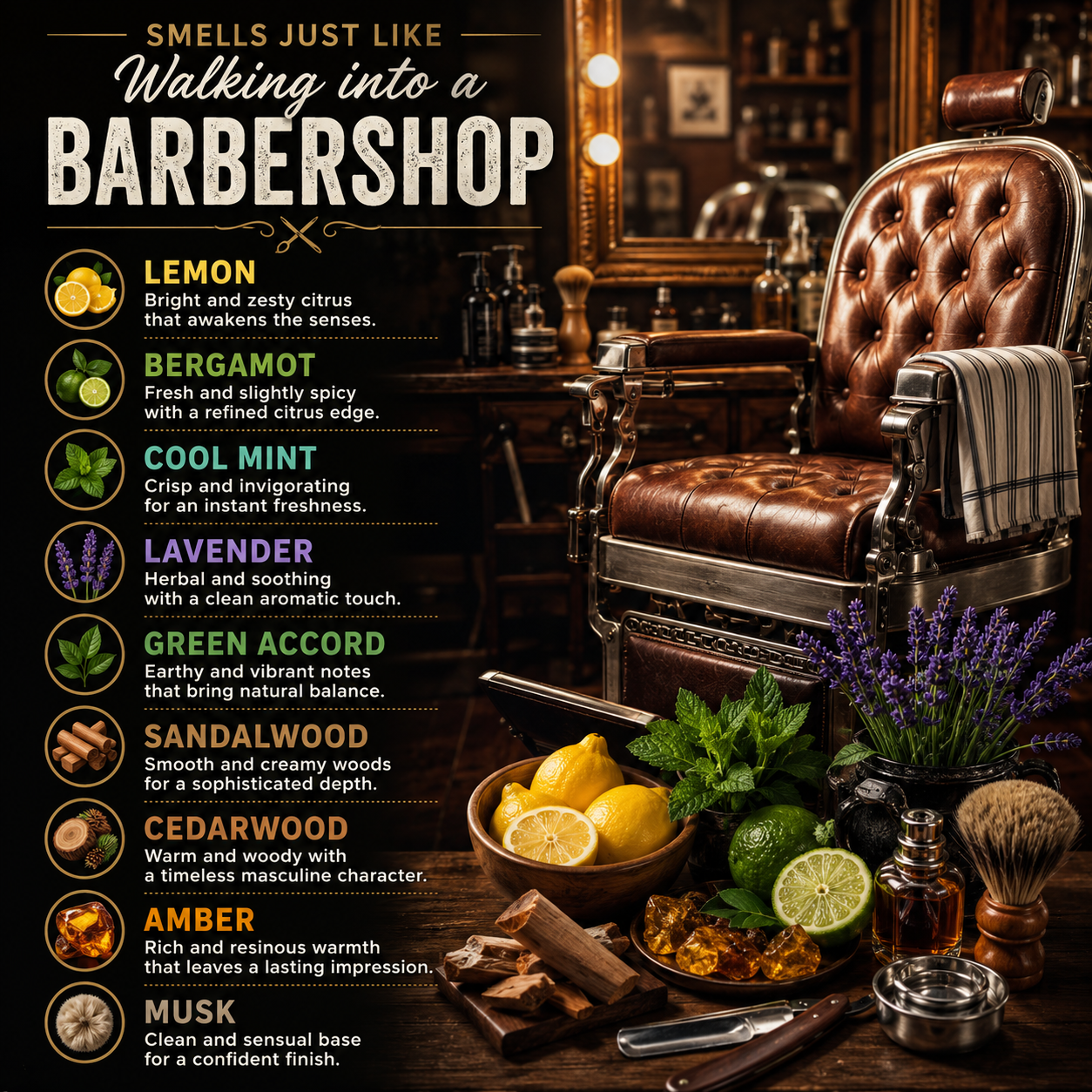 A barbershop-themed graphic with a brown leather barber chair, bowls of lemons and herbs, and text listing scent profiles such as lemon, bergamot, cool mint, lavender, green accord, sandalwood, cedarwood, amber, and musk.