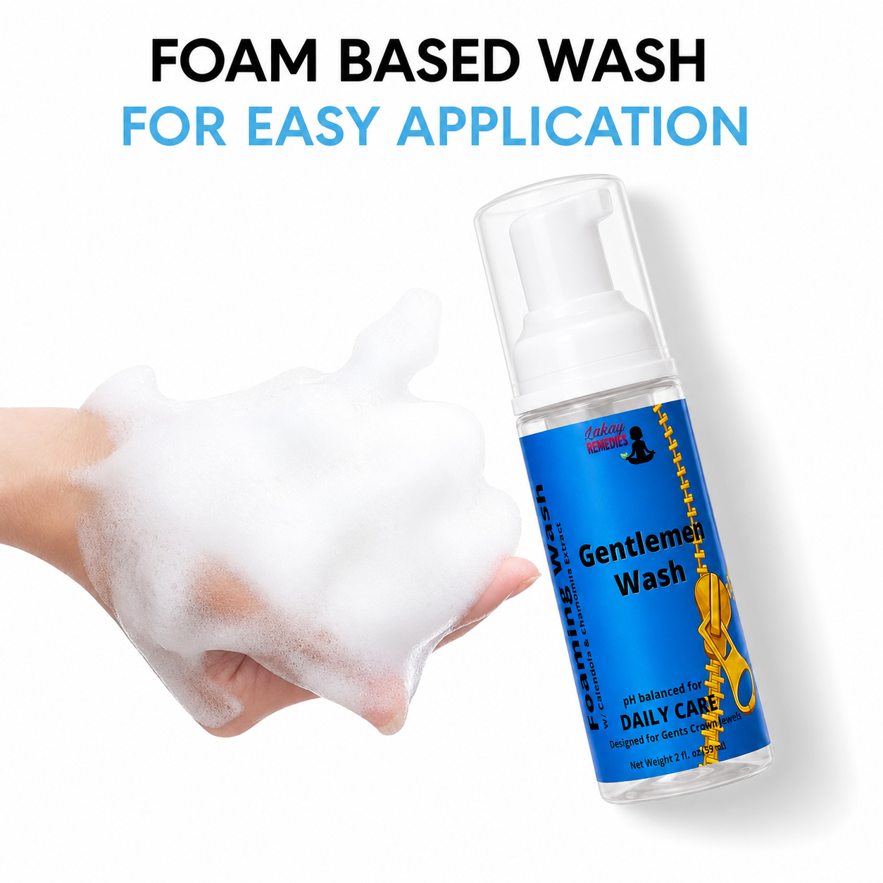 Foam Based Wash bottle with a blue label and pump dispenser shown next to a hand covered in white foam, with text reading 'FOAM BASED WASH FOR EASY APPLICATION' on a white background.