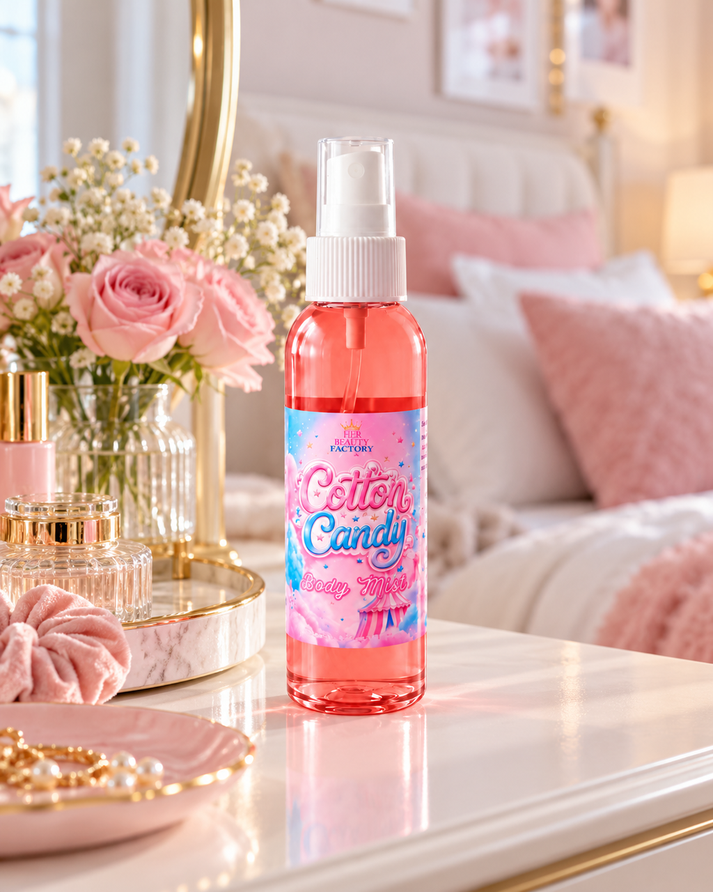 Her Beauty Factory Cotton Candy Body Mist in a pink spray bottle displayed on an elegant white bedroom dresser beside pink roses, gold-accented perfume bottles, and jewelry, with a cozy blush-pink bed in the background.
