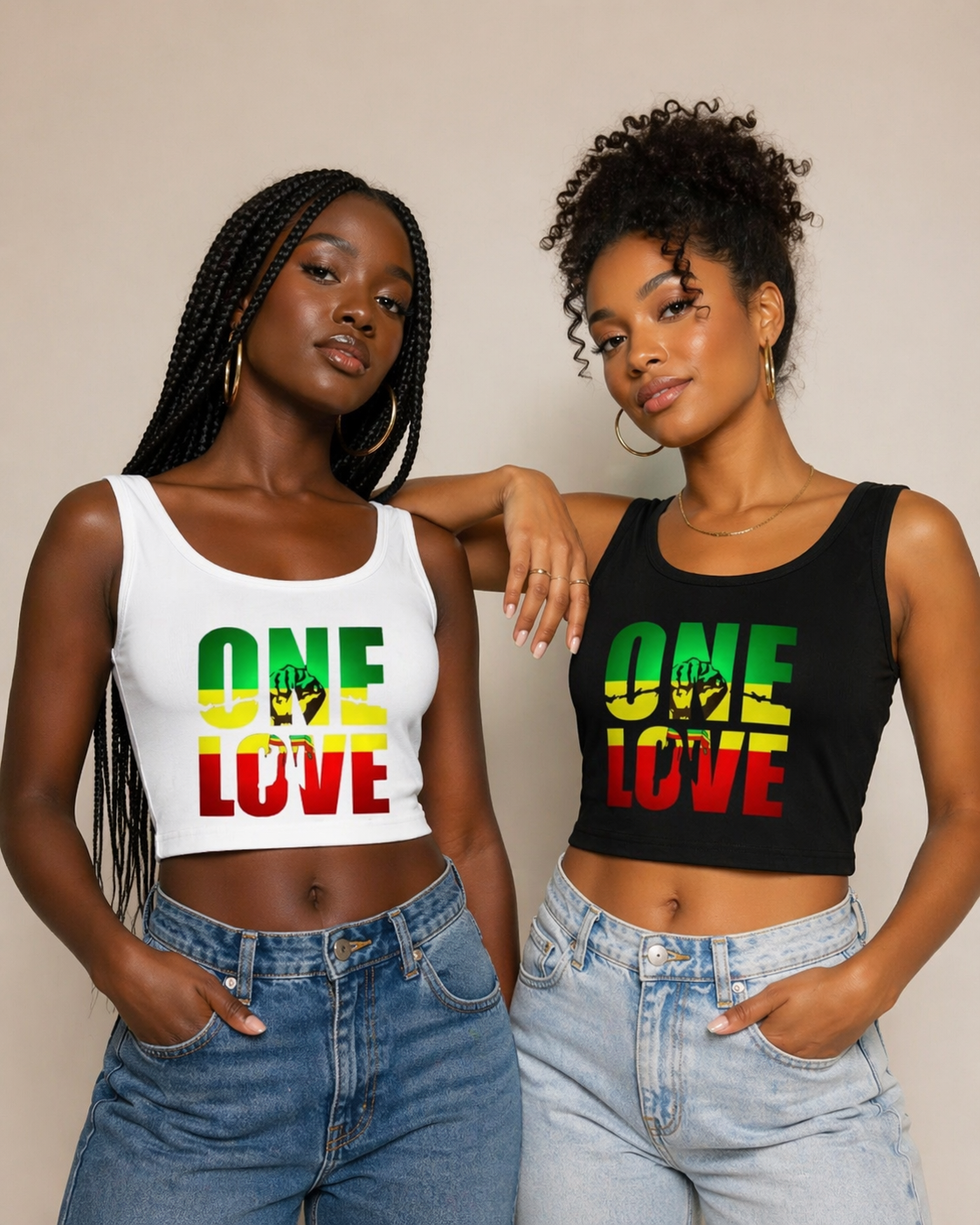 Two women wearing 'ONE LOVE' crop tops with a neutral background