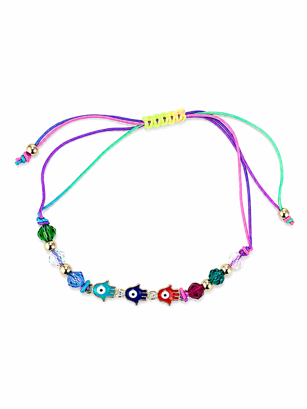 Colorful beaded necklace with multicolored strings on a white background