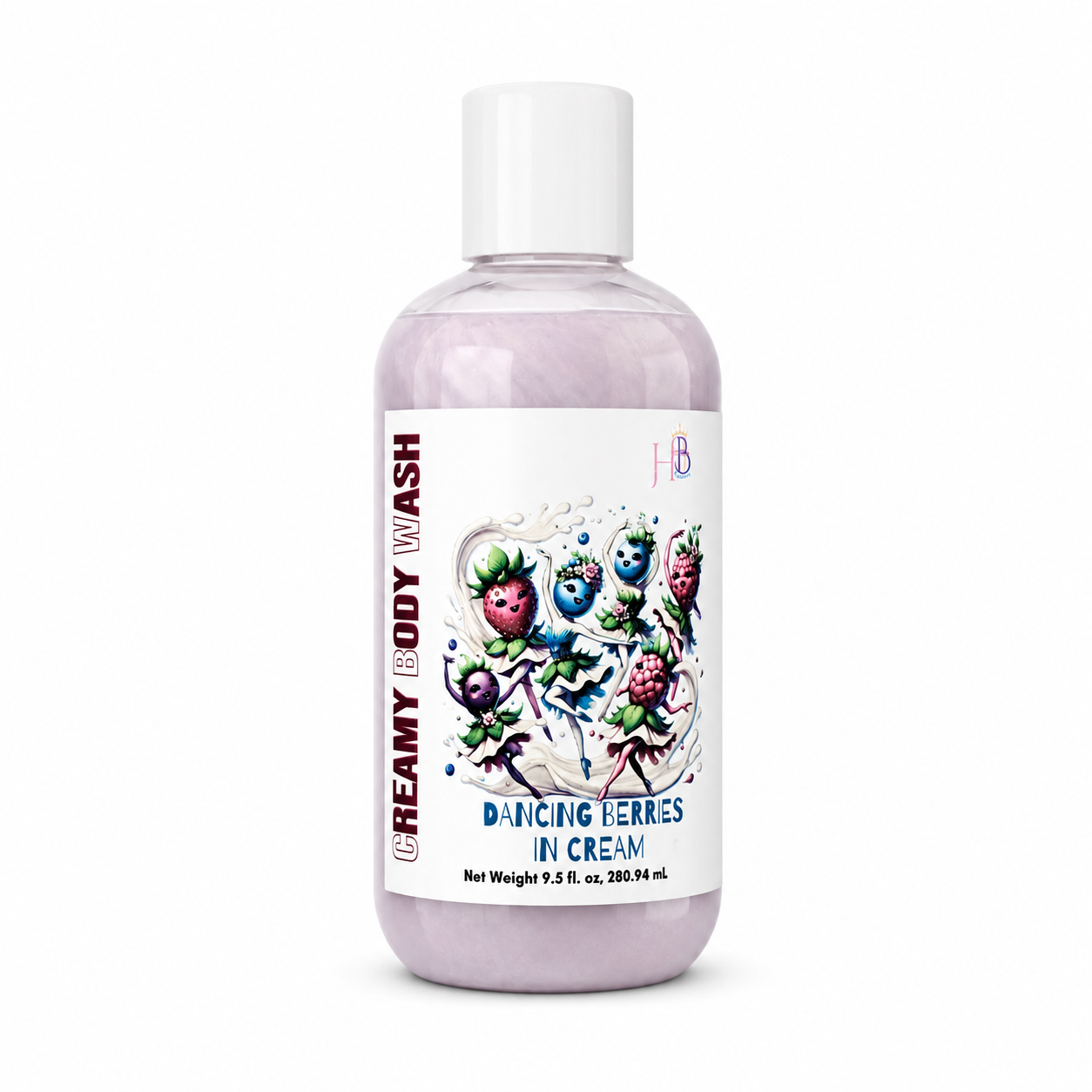 A bottle of Her Beauty Factory  Body Wash in the 'Dancing Berries in Cream' scent, featuring a white cap and a white label decorated with colorful illustrations of dancing berries. The liquid inside is a pale lavender color, visible through the clear bottle.