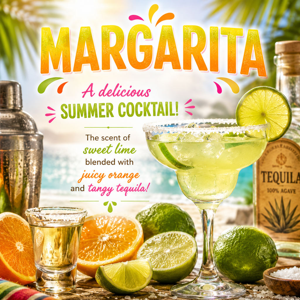 A summer cocktail scene featuring a margarita glass with lime garnish, a shot glass, lime and orange slices, a shaker, and a tequila bottle on a beach-style background with large text reading 'MARGARITA' and descriptive copy.