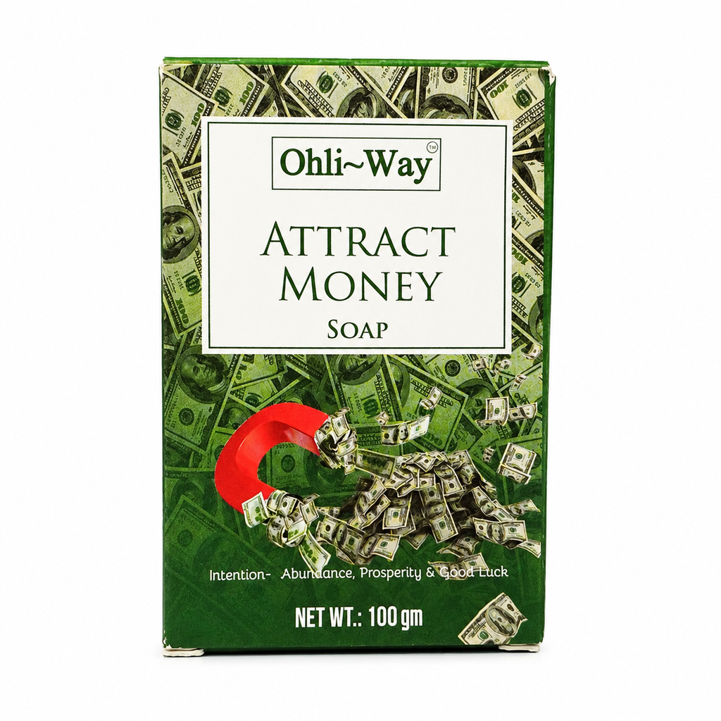 Ohli-Way Attract Money Soap box, 100g. The packaging features a green background with a dollar bill pattern, a red magnet graphic, and a white label at the top.