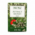 Ohli-Way Attract Money Soap box, 100g. The packaging features a green background with a dollar bill pattern, a red magnet graphic, and a white label at the top.