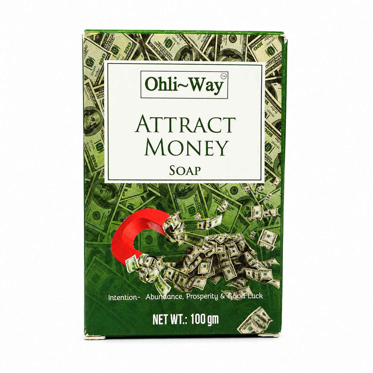Ohli-Way Attract Money Soap box, 100g. The packaging features a green background with a dollar bill pattern, a red magnet graphic, and a white label at the top.