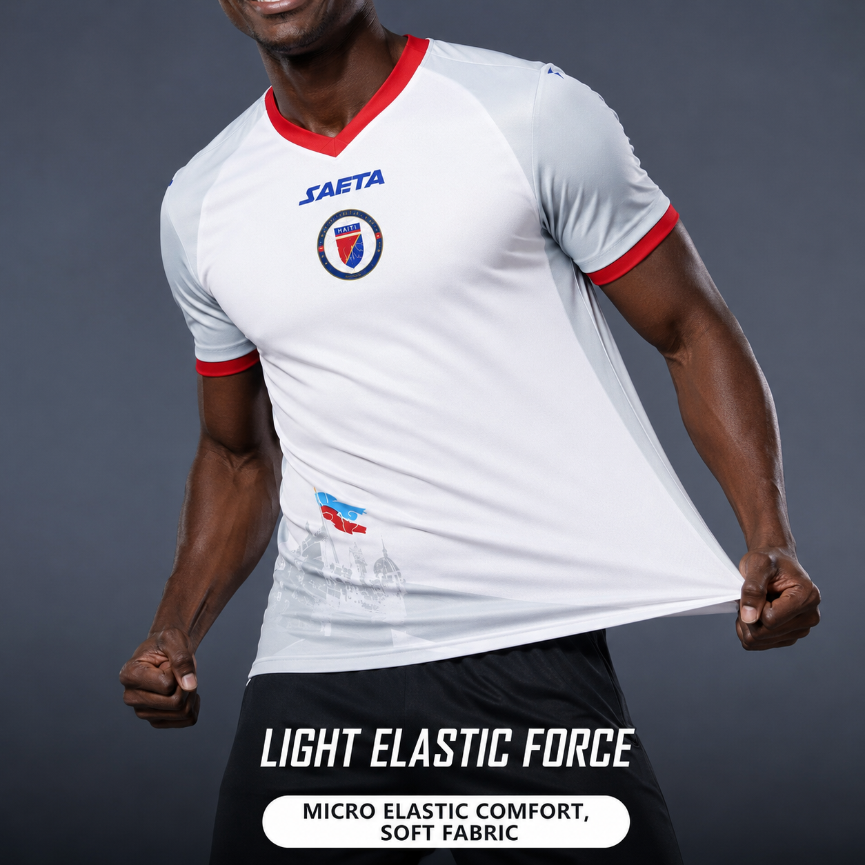 Person wearing a white sports jersey with red accents and 'SAETA' branding on a gray background.