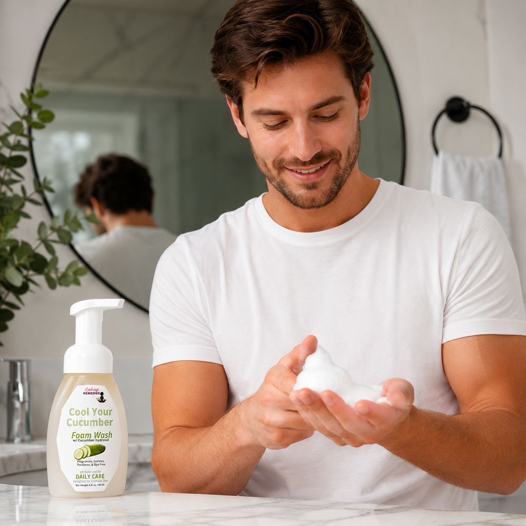 A man in a white t-shirt is shown in a bathroom setting, holding a lathered foam pump bottle of Cool Your Cucumber Intimate Wash. The product bottle is visible in the foreground on the left, and the man's reflection is visible in the background mirror.