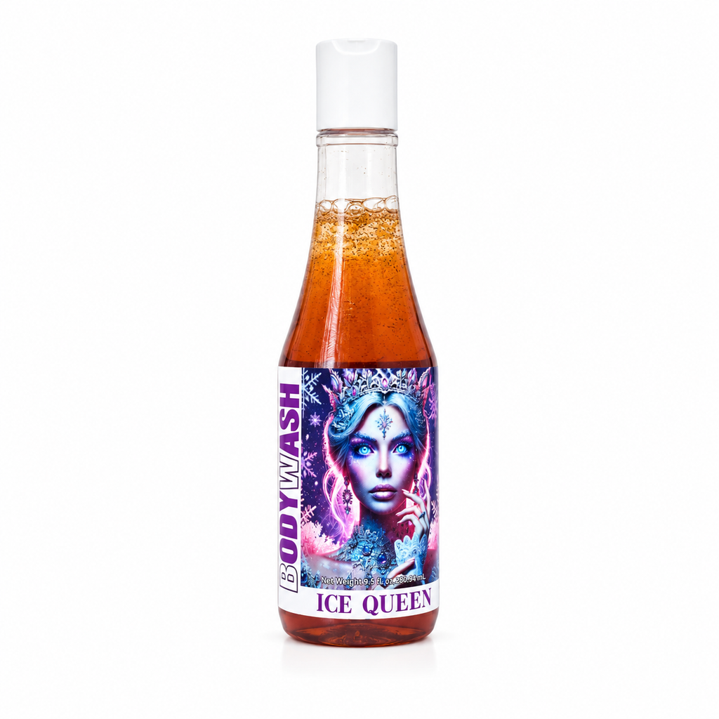 A bottle of Body wash 'Ice Queen' body wash with a white cap, showing the amber liquid inside and a colorful label featuring a stylized portrait.