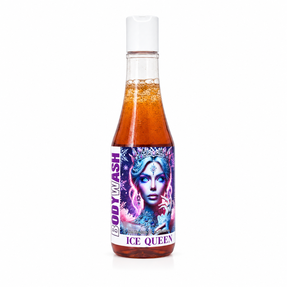 A bottle of Body wash 'Ice Queen' body wash with a white cap, showing the amber liquid inside and a colorful label featuring a stylized portrait.