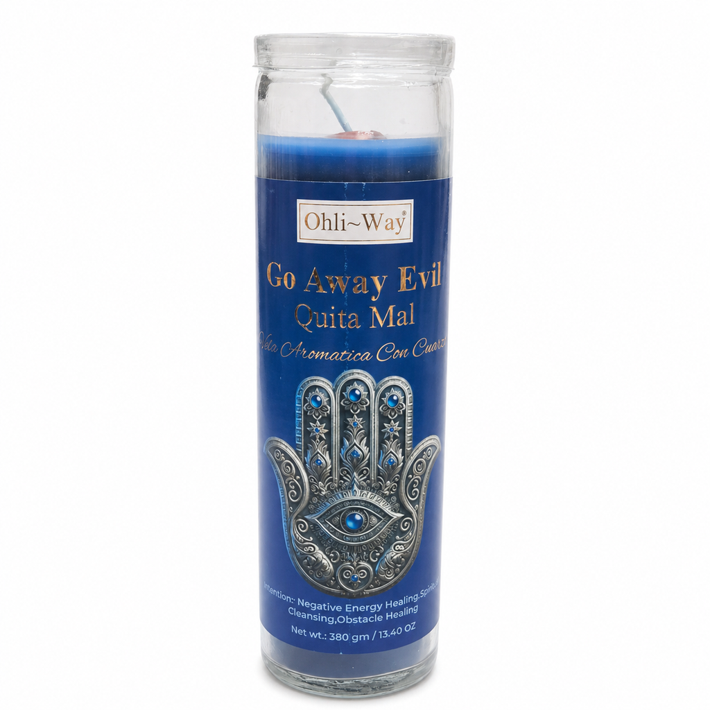 Blue candle with Hamsa design and 'Ohli-Way' branding on a white background