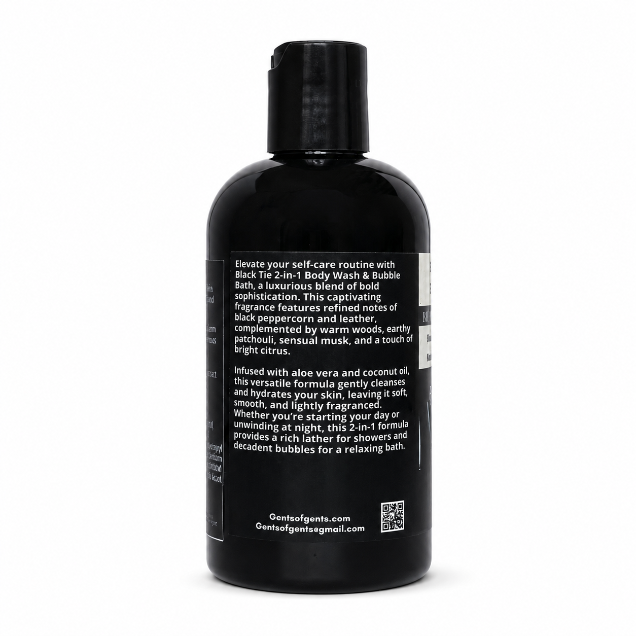 A black bottle of Gents of Gent's Black Tie 2-in-1 Body Wash & Bubble Bath, shown from the back against a white background, displaying the product's descriptive text label.
