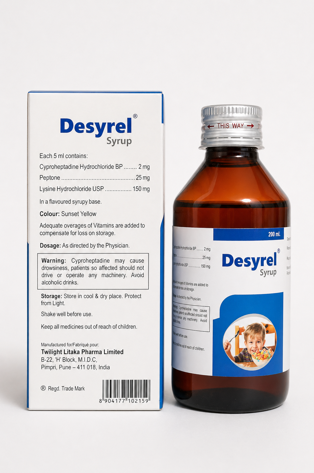 Desyrel syrup bottle and its packaging on a white background