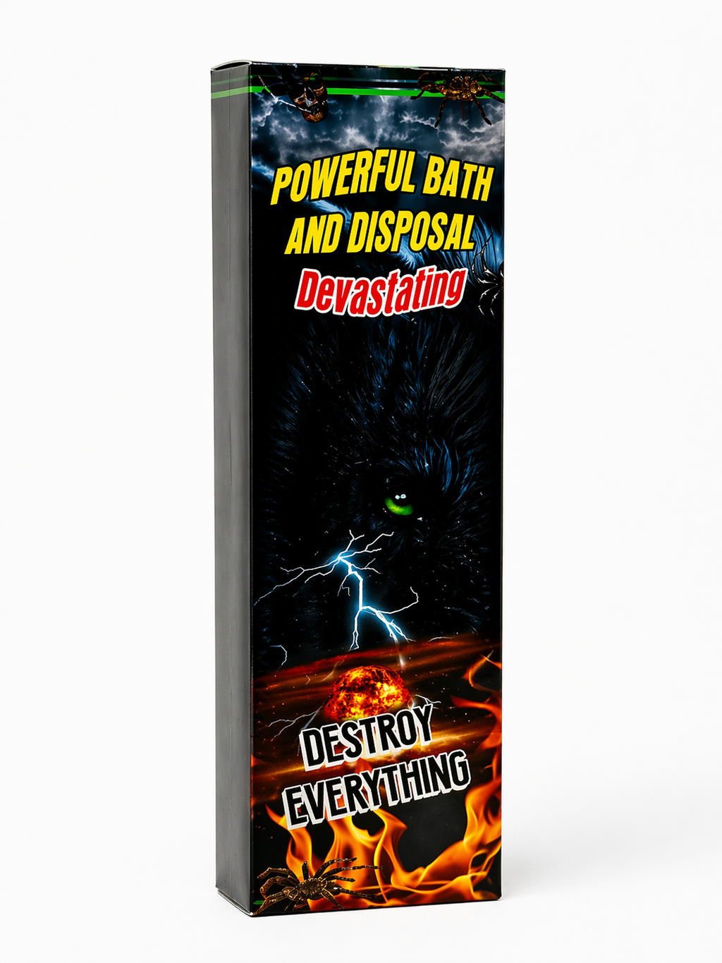 Destory Everything Floor Wash Product packaging with dramatic design elements and text on a white background