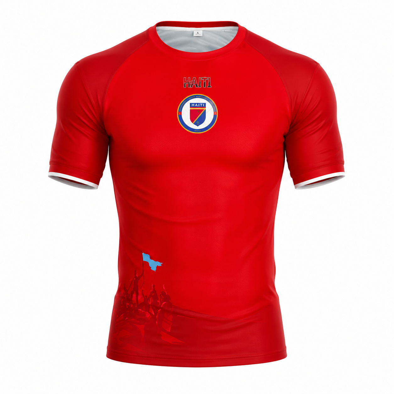 Red sports jersey with a logo on a white background