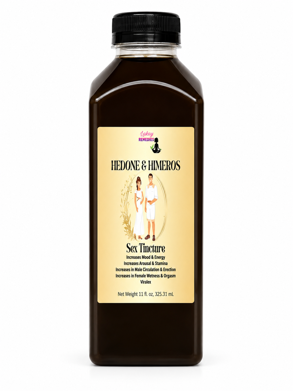 A dark brown bottle of Hedone & Himeros Sex Tincture with a black cap and a beige label, shown on a plain white background.