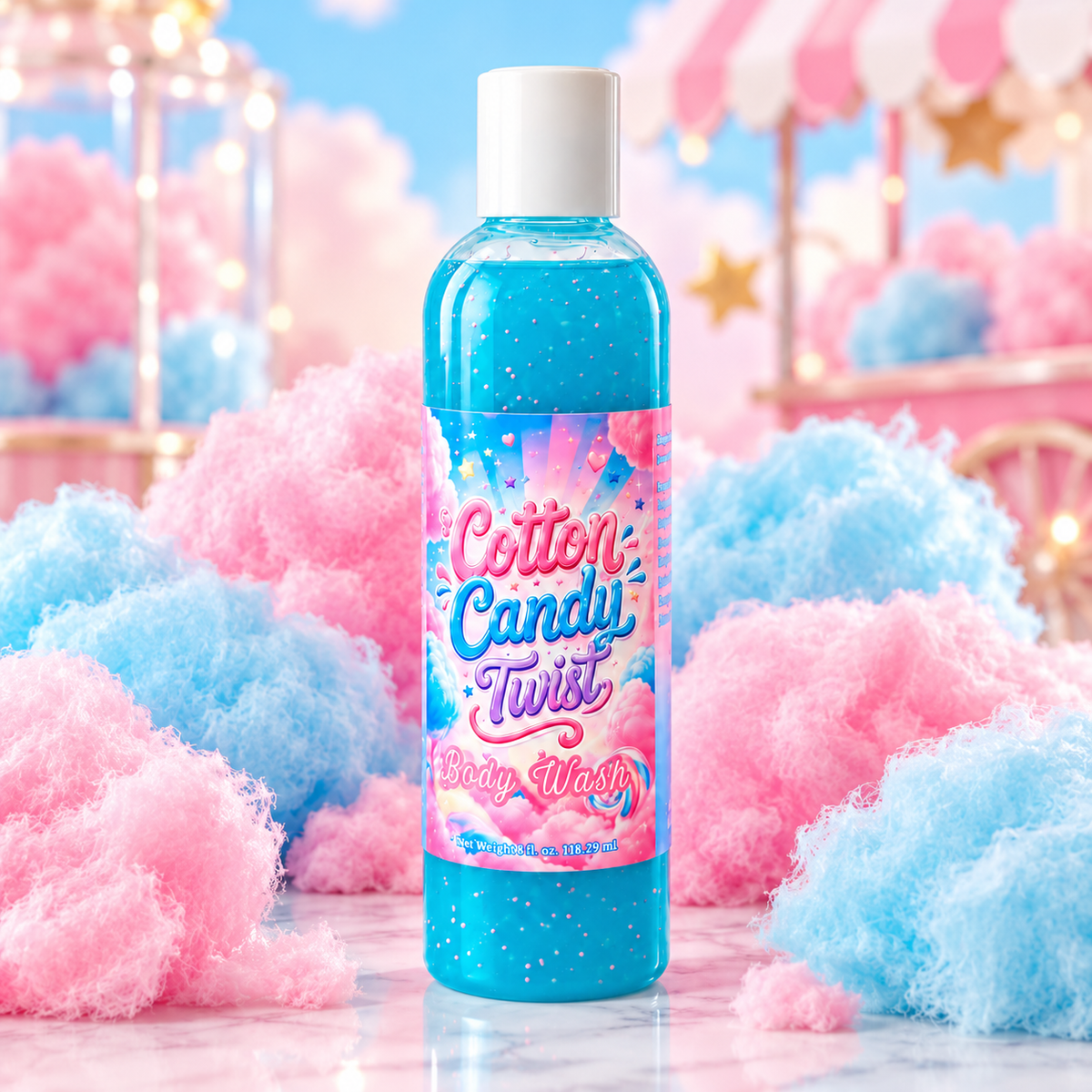 A bottle of body wash with blue gel inside, featuring a white cap and a blue label with pink and white text that reads 'Creamy Body Wash' and 'Cotton Candy Twist'.