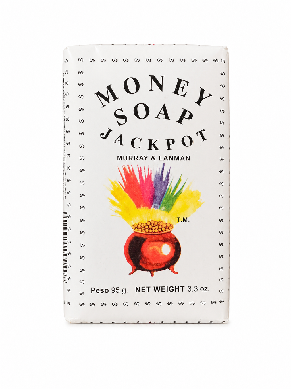 A single rectangular bar of Money Soap Jackpot by Murray & Lanman, featuring a white wrapper with black text and a colorful illustration of a pot of gold with rainbow feathers, photographed on a white background.