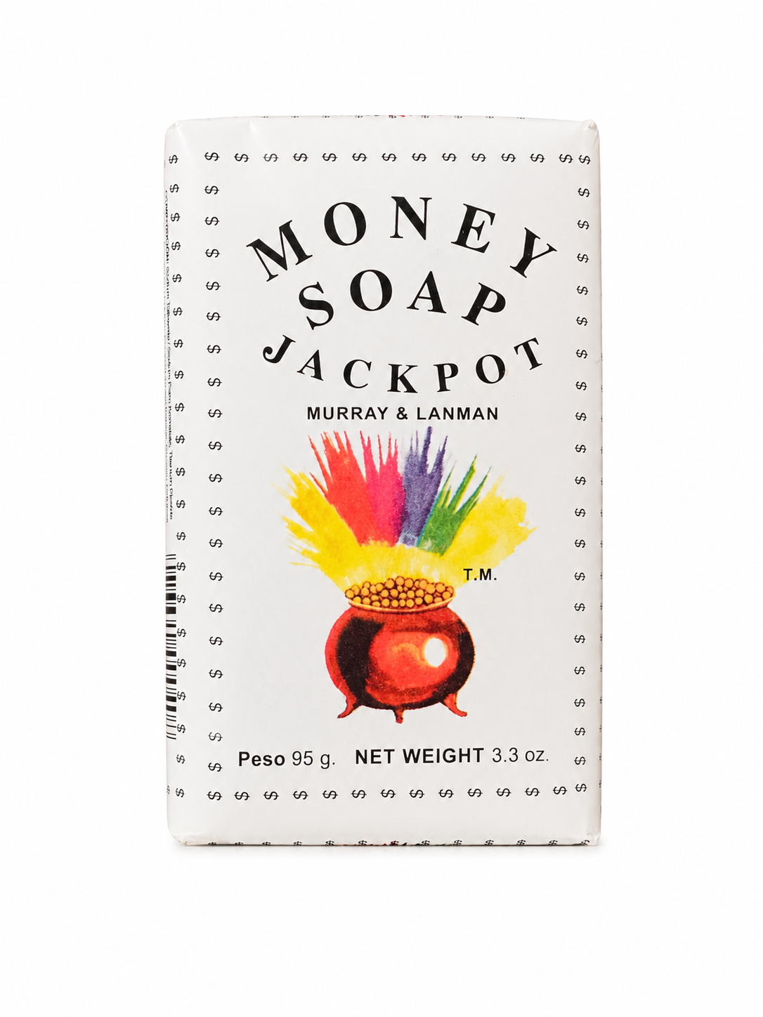 A single rectangular bar of Money Soap Jackpot by Murray & Lanman, featuring a white wrapper with black text and a colorful illustration of a pot of gold with rainbow feathers, photographed on a white background.