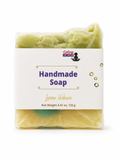 A packaged handmade soap bar wrapped in clear plastic with a white paper label. The label reads 'Handmade Soap' and 'Lemon Verbena' with the Lakay Remedies logo.