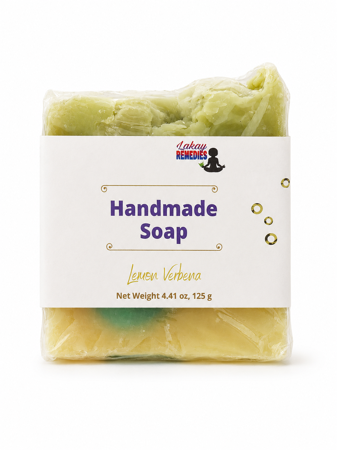 A packaged handmade soap bar wrapped in clear plastic with a white paper label. The label reads 'Handmade Soap' and 'Lemon Verbena' with the Lakay Remedies logo.