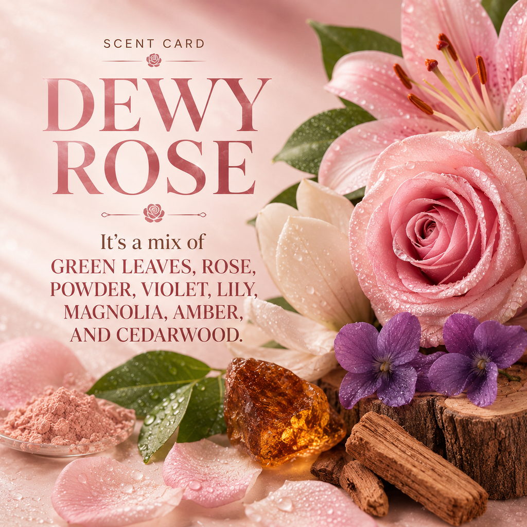 Scent card for 'Dewy Rose' featuring a floral arrangement of pink roses, purple violets, green leaves, and amber tones, with text describing the scent as a mix of green leaves, rose, powder, violet, lily, magnolia, amber, and cedarwood.