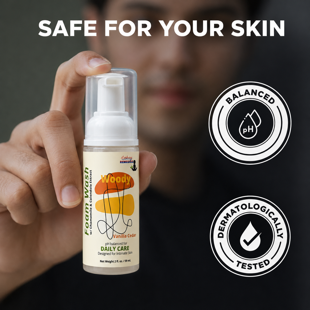 A hand holds a bottle of Woody Fragrances Intimate against a blurred background of a man's face. The image includes text overlays reading 'SAFE FOR YOUR SKIN' and two circular badges on the right that say 'BALANCED pH' and 'DERMATOLOGICALLY TESTED'.