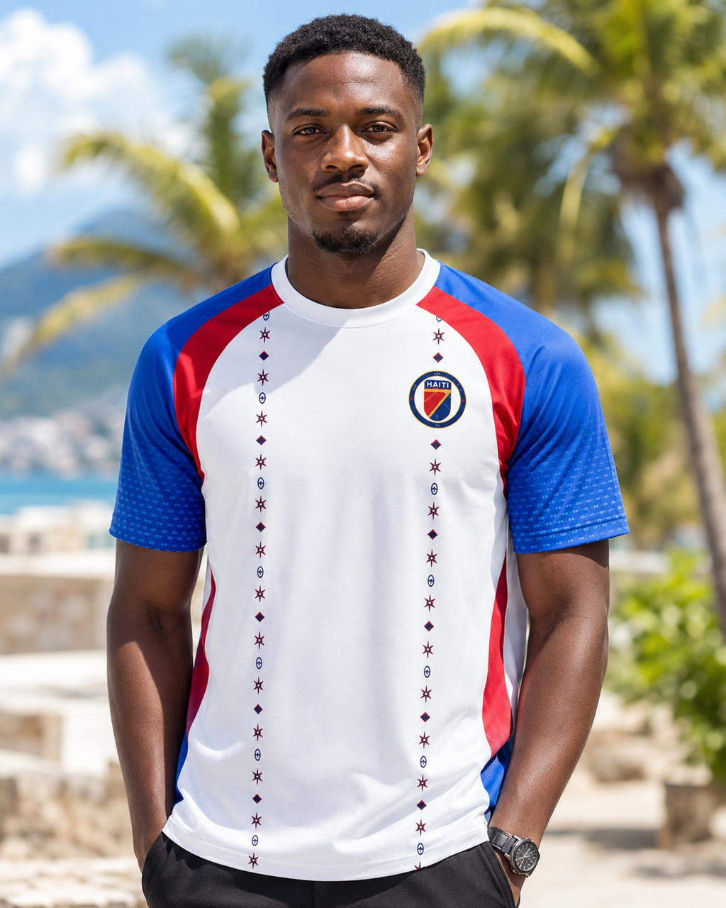 Man wearing a colorful sports jersey with a beach and palm trees in the background