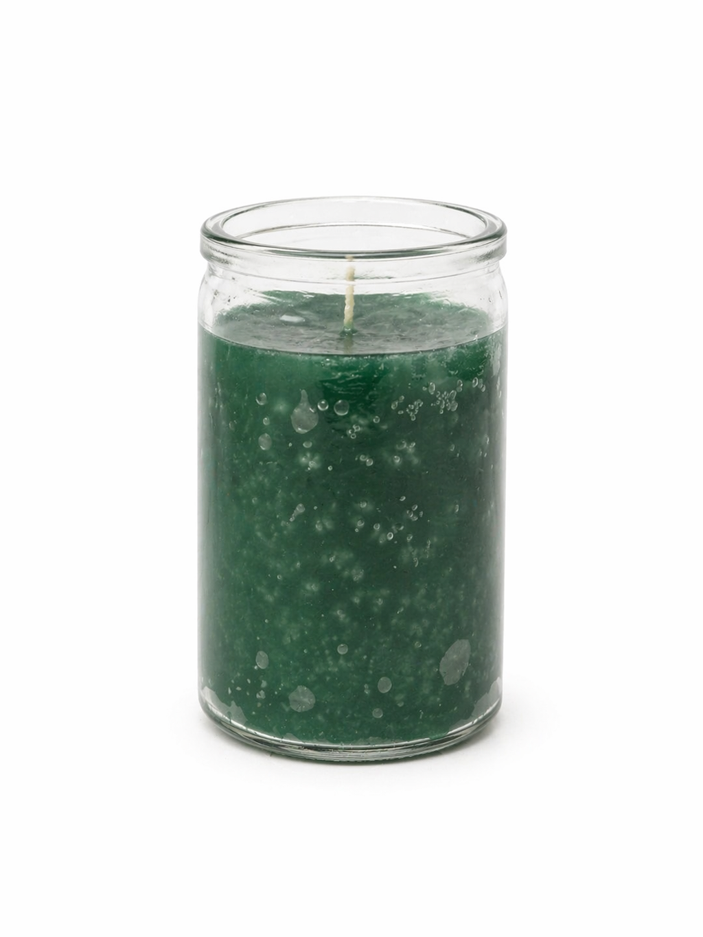 Green candle in a glass jar on a white background