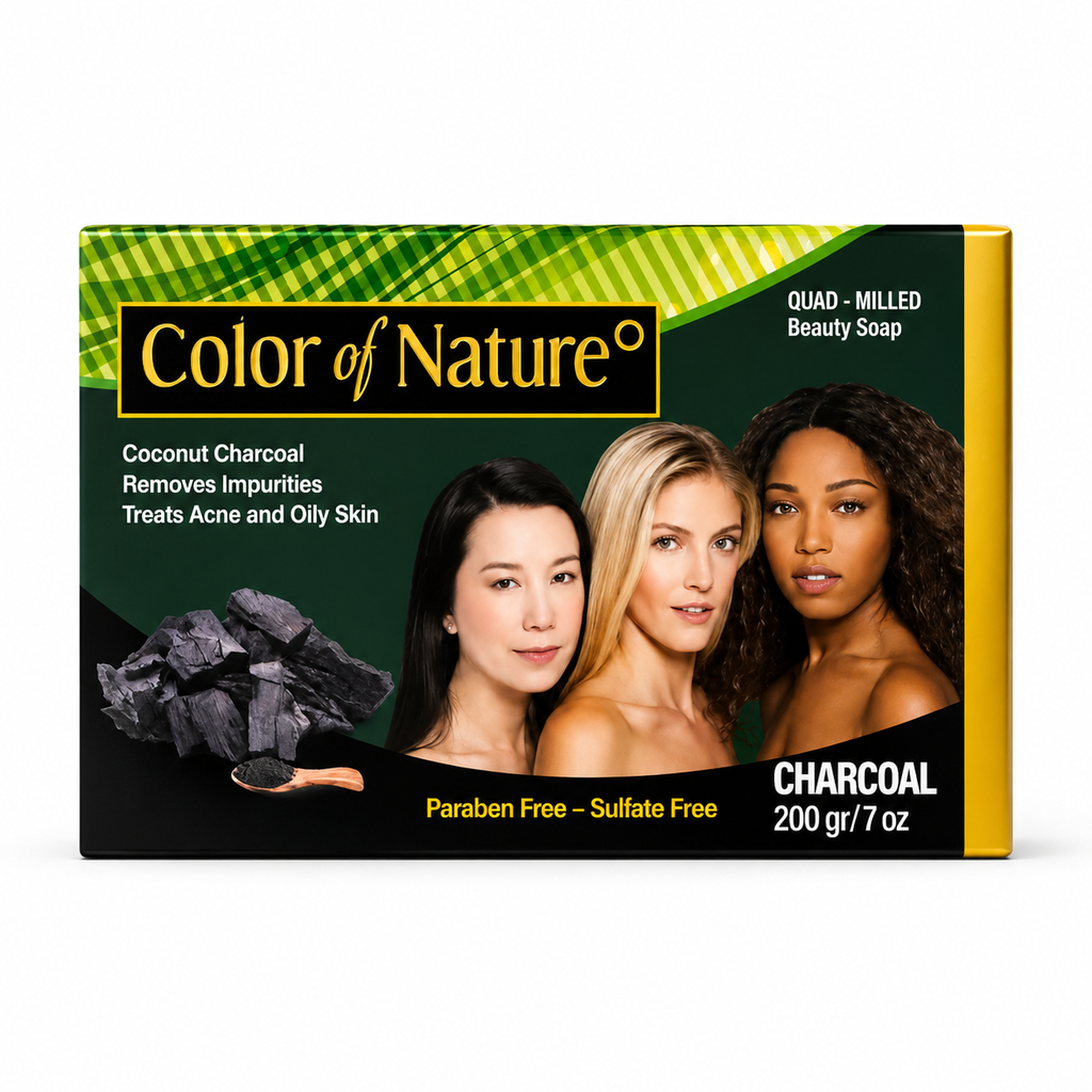 Color of Nature Quad-Milled Beauty Soap in Coconut Charcoal scent, in a 200g box. The packaging features a dark green and black design with yellow accents, a charcoal pile graphic, and three model portraits showing different skin tones.