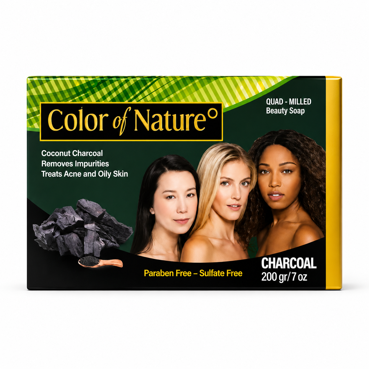 Color of Nature Quad-Milled Beauty Soap in Coconut Charcoal scent, in a 200g box. The packaging features a dark green and black design with yellow accents, a charcoal pile graphic, and three model portraits showing different skin tones.