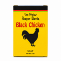 A rectangular box of Pastor Davis Black Chicken Soap on a plain white background. The box is bright yellow with a black rooster silhouette, black text, and red lettering for 'Black Chicken'.
