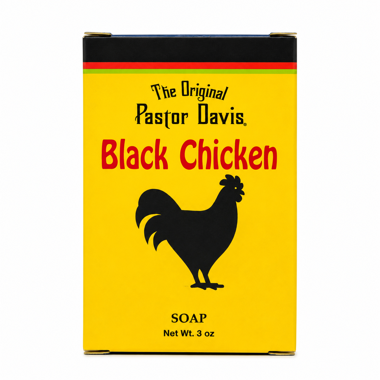 A rectangular box of Pastor Davis Black Chicken Soap on a plain white background. The box is bright yellow with a black rooster silhouette, black text, and red lettering for 'Black Chicken'.