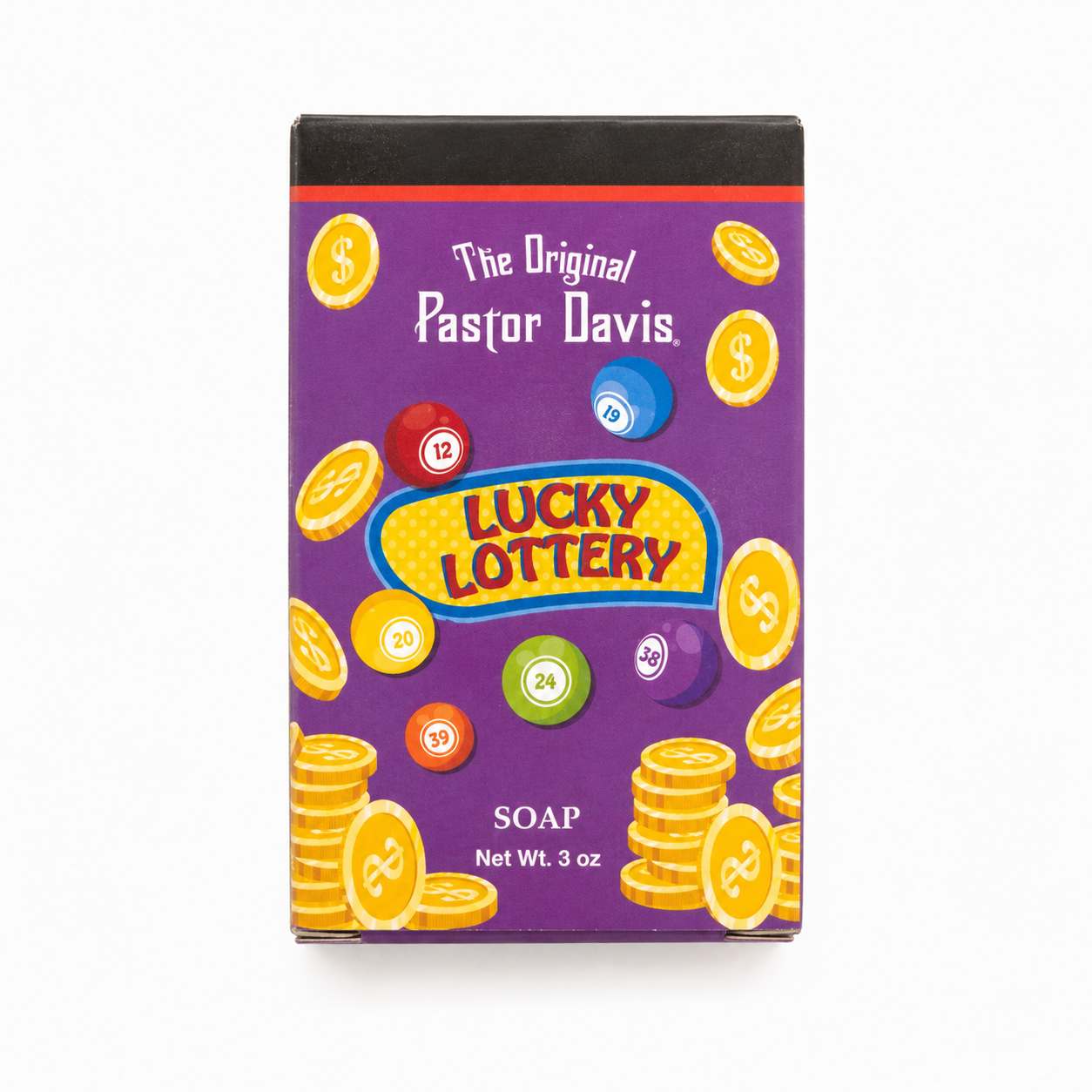 A rectangular box of 'The Original Pastor Davis Lucky Lottery Soap' on a white background. The box is purple with illustrations of gold coins and colorful numbered balls, and the brand name 'Pastor Davis' is clearly visible.