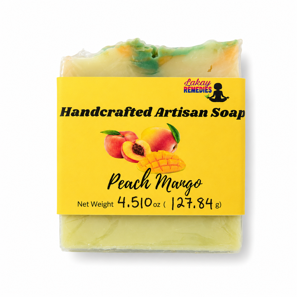 A bar of handmade artisan soap labeled 'Peach Mango' by Lakay Remedies, featuring a bright yellow label with peach illustrations and a visible marbled soap top with green and orange tones, on a white background.