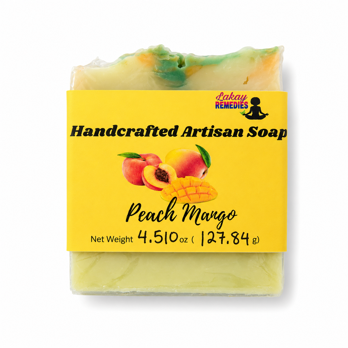 A bar of handmade artisan soap labeled 'Peach Mango' by Lakay Remedies, featuring a bright yellow label with peach illustrations and a visible marbled soap top with green and orange tones, on a white background.