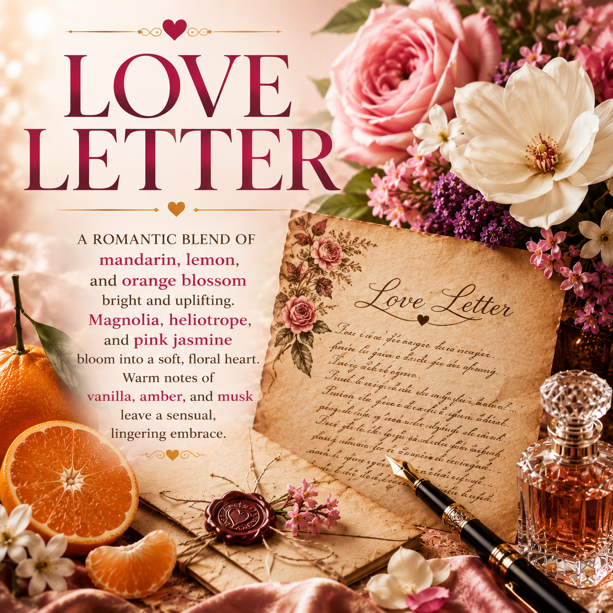 Romantic 'Love Letter' themed graphic with a parchment letter, wax seal, fountain pen, perfume bottle, and flowers, plus text describing a warm floral scent blend.