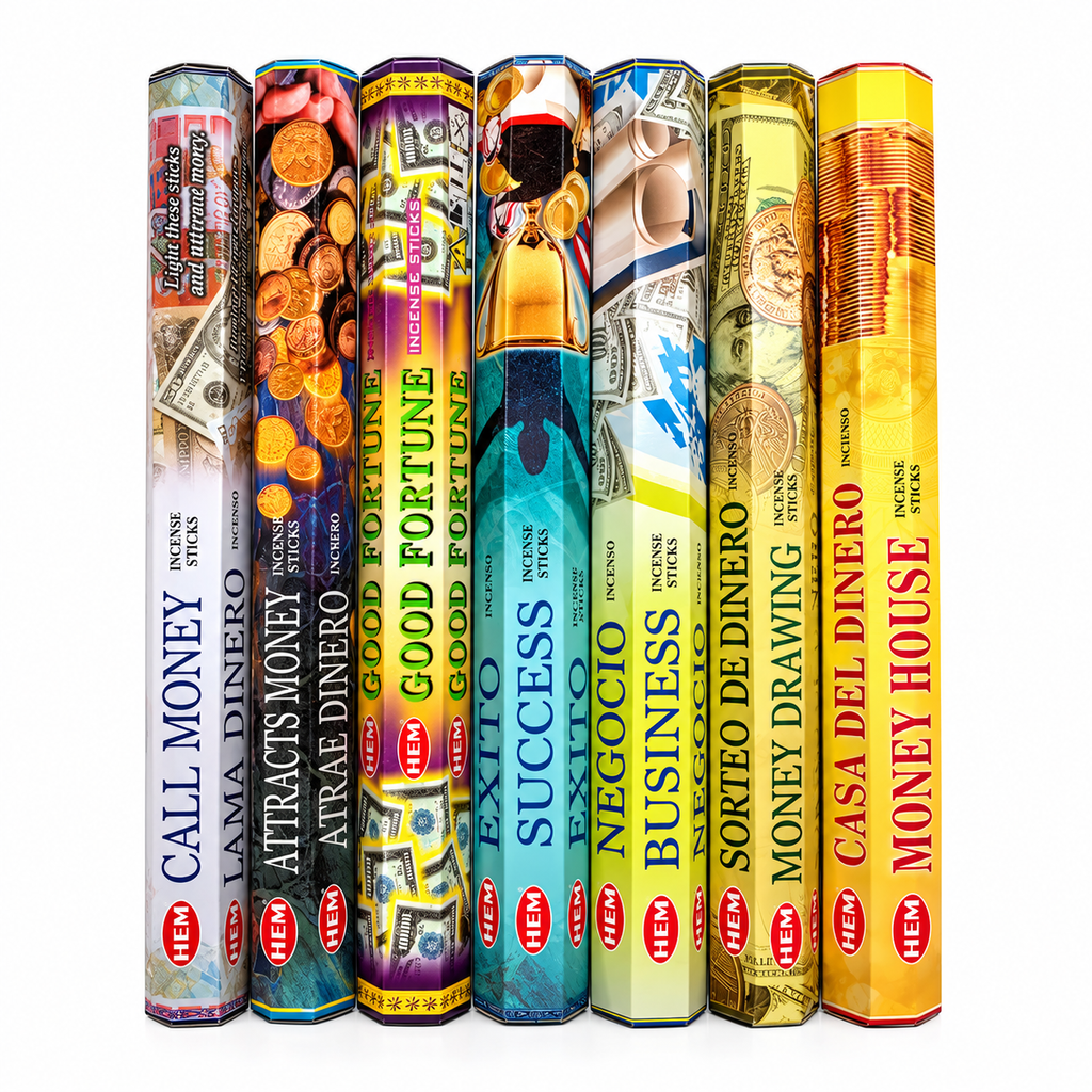 HEM Money and Prosperity Incense Sticks 7-Pack Bundle featuring Call Money, Attracts Money, Good Fortune, Success, Business, Money Drawing, and Money House incense.