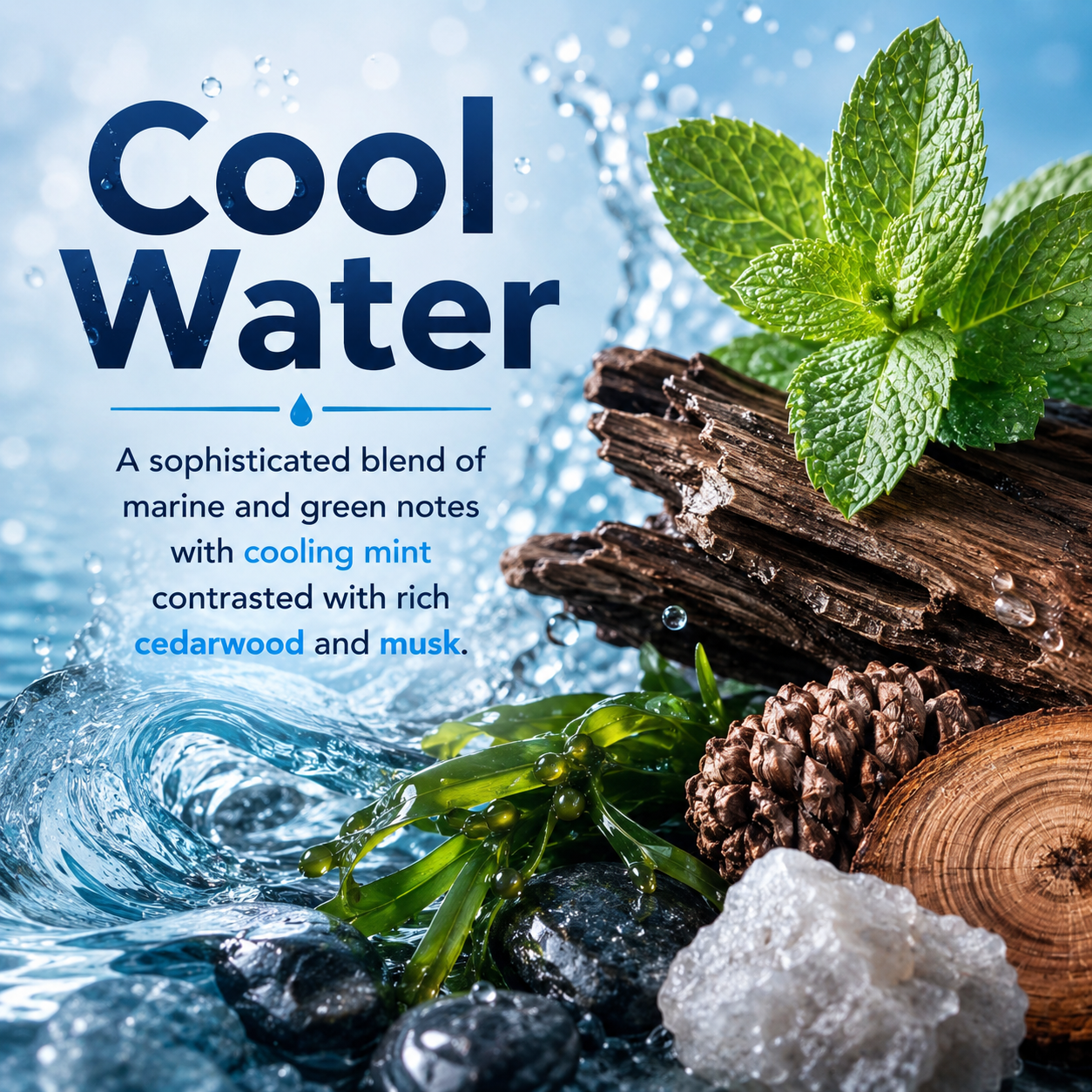 A styled product graphic with the text 'Cool Water' over a water scene featuring mint leaves, driftwood, seaweed, stones, and a crystal, suggesting a cooling fragrance or blend.