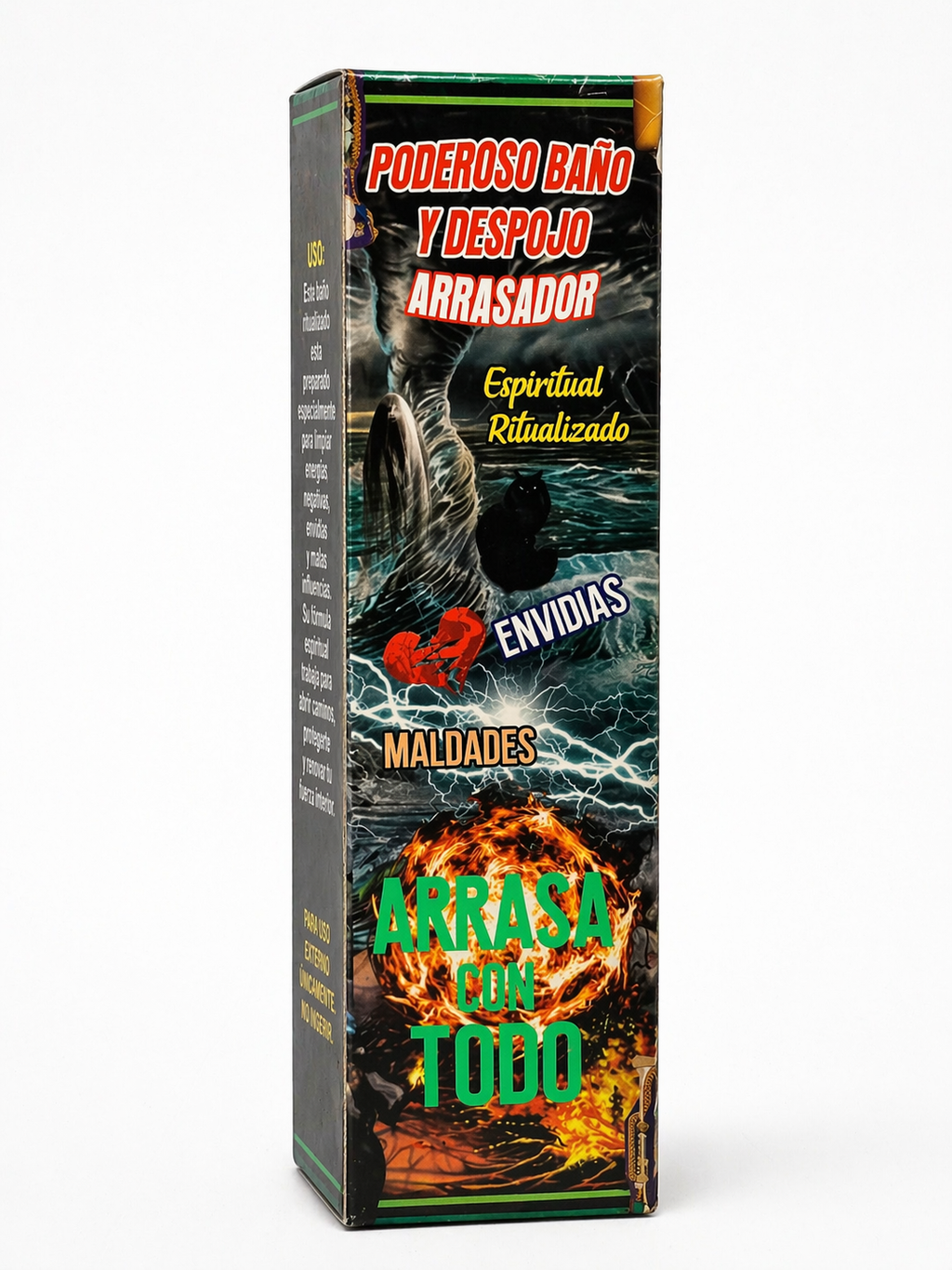 Product packaging with fiery design and text on a white background