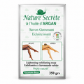 A boxed French cosmetic soap package labeled 'Nature Secrète à l'huile d'ARGAN' with French text, before/after leg photos, and '350 grs' on a white background.