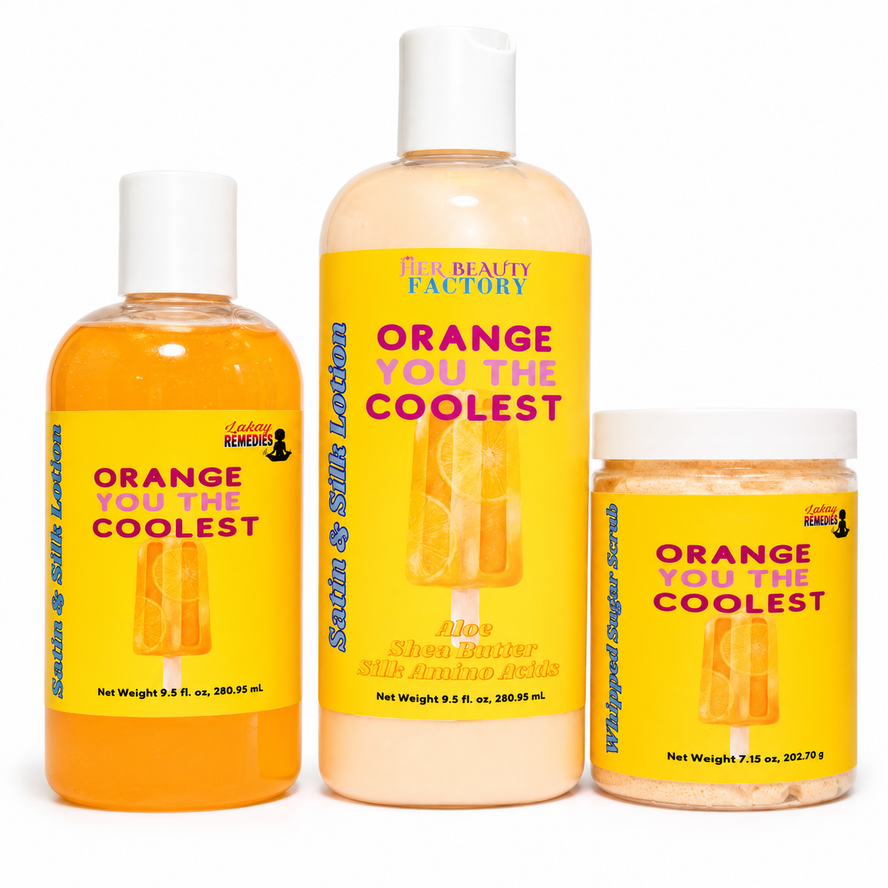Three skincare products from Her Beauty Factory's Skincare line, featuring an orange body lotion in a clear jar, a bottle of the same orange body wash, and a jar of whipped body scrub, all with bright yellow labels and white caps.